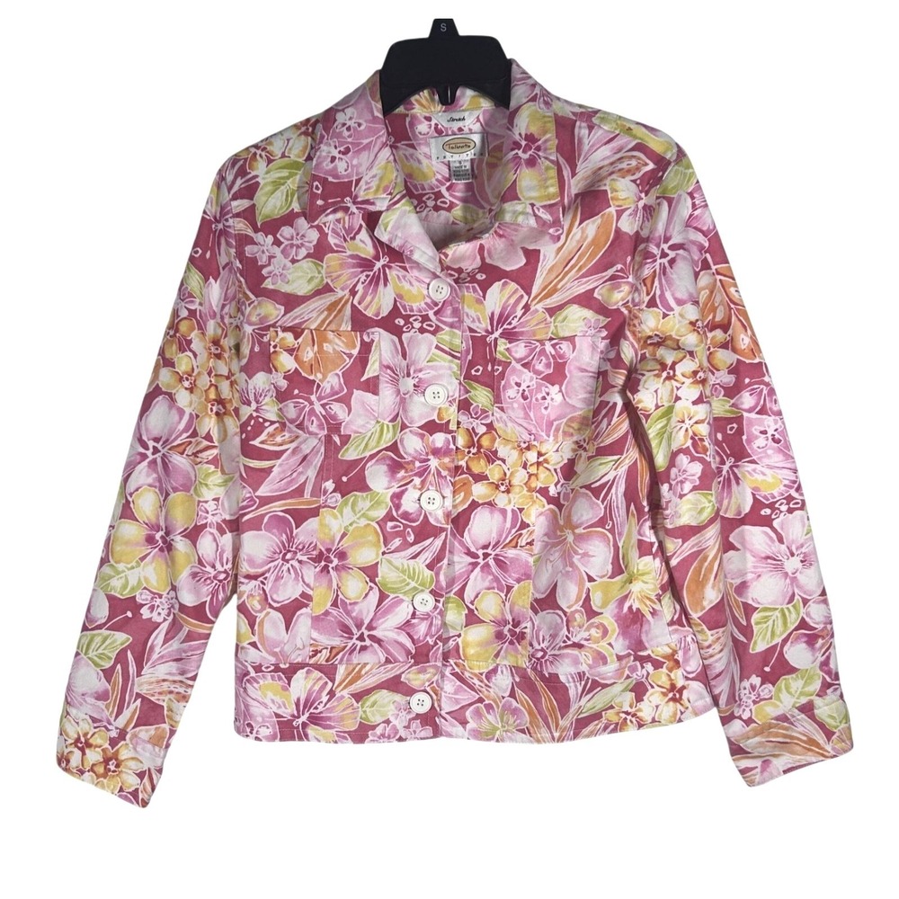Talbots Floral Trucker Jacket Petites S Pink Yellow Tropical Stretch Excellent